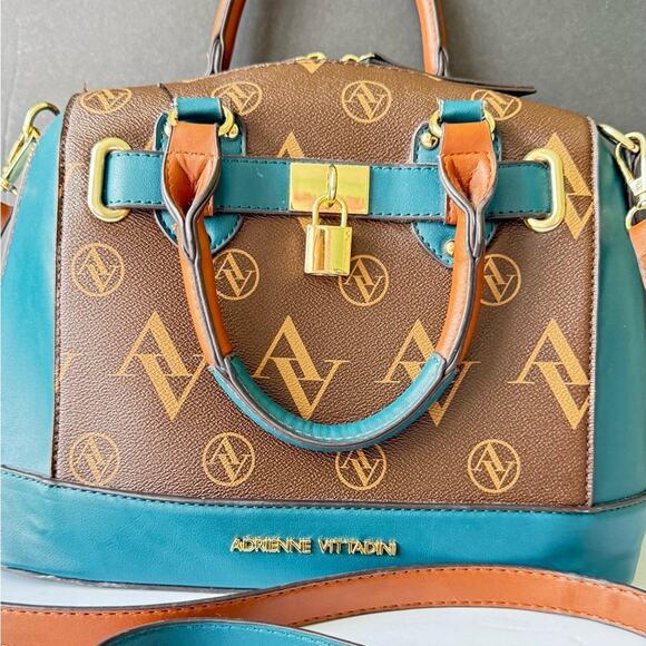 Adrianne Vittadini Signature Collection Dome Satchel w/Lock Chocolate Teal Bag - Picture 2 of 13